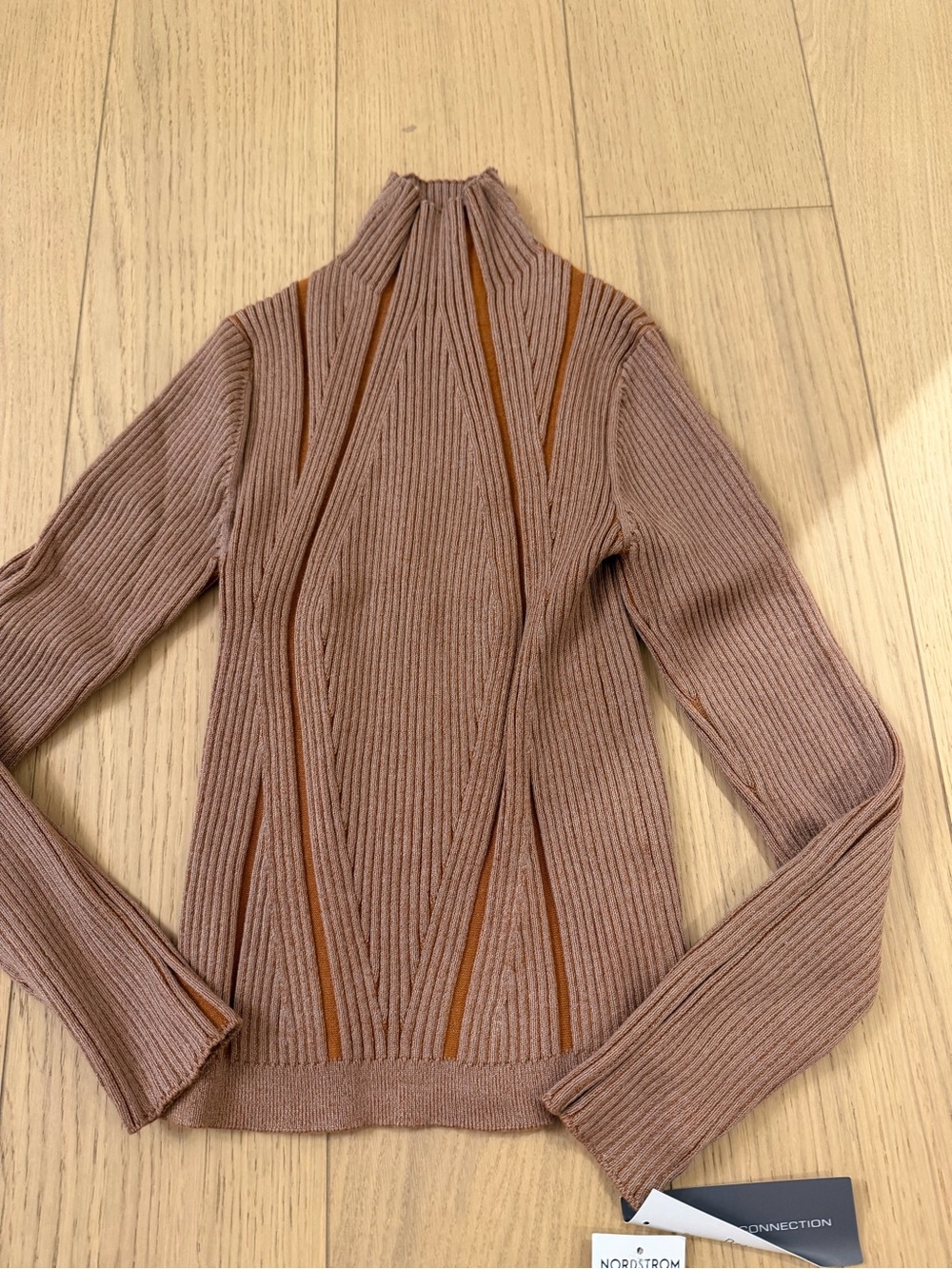 Nordstrom Taupe Ribbed Mock Neck Sweater with Rust Accent Stripes